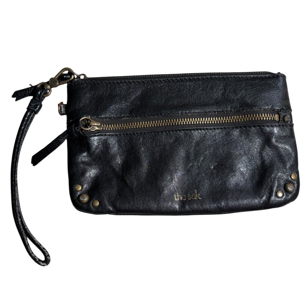 The Sak Black Leather Wristlet Clutch Bag Studded Antique Brass Zip Wallet